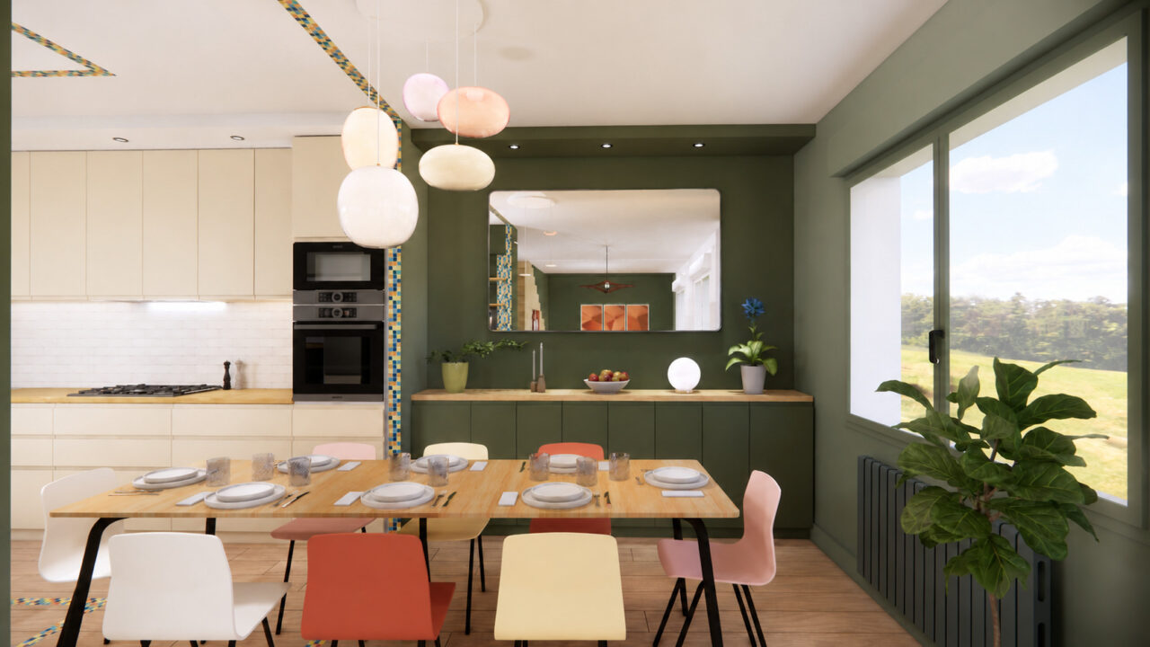 Agrandissement d'une cuisine dînatoire à Nantes avec enfilade verte sur mesure, grande table et cuisine ouverte lumineuse.