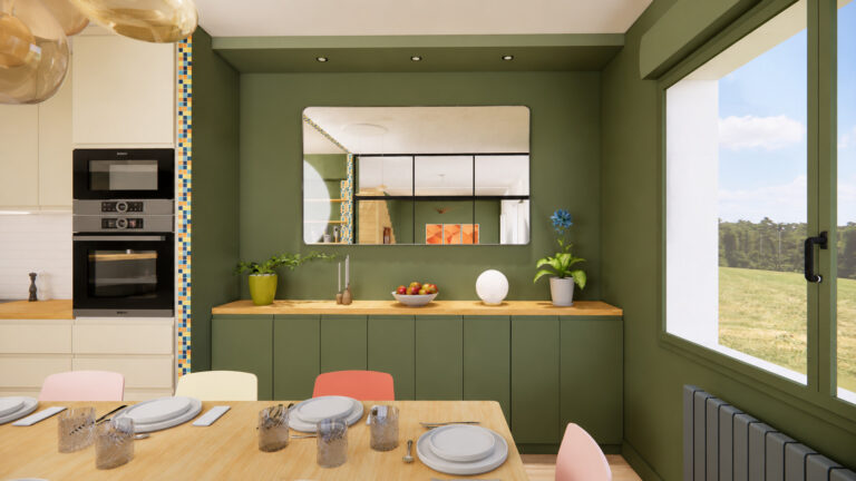 Agrandissement d'une cuisine dînatoire à Nantes avec buffet sur mesure vert, miroir mural et décoration contemporaine colorée.