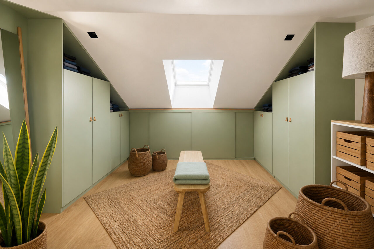 Dressing sur mesure sous rampant avec rangements intégrés dans une suite parentale mezzanine Orvault