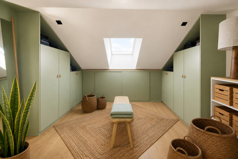 Dressing sur mesure sous rampant avec rangements intégrés dans une suite parentale mezzanine Orvault