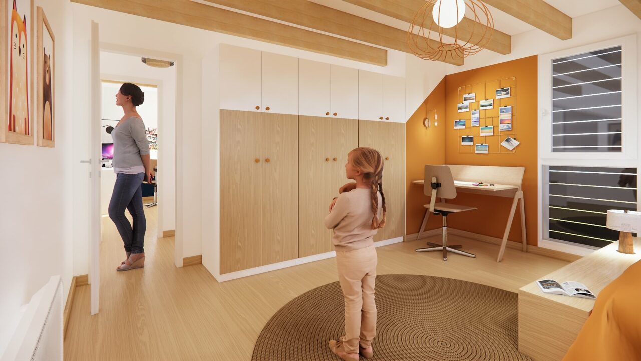Vue d'ensemble d'une chambre d'enfant sur mesure à Orvault avec mobilier intégré, espace bureau et optimisation des volumes sous toiture