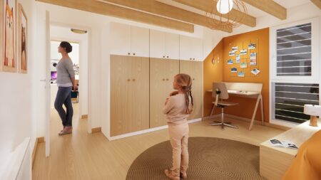 Vue d'ensemble d'une chambre d'enfant sur mesure à Orvault avec mobilier intégré, espace bureau et optimisation des volumes sous toiture