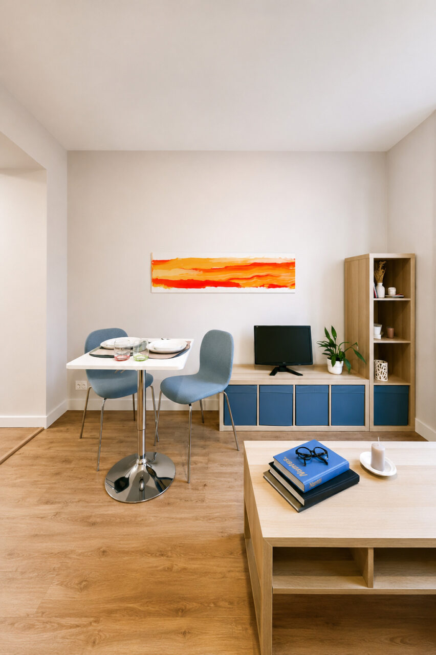 Pièce de vie aménagée avec mobilier sur mesure dans un studio locatif rénové d'un immeuble classé à Nantes.
