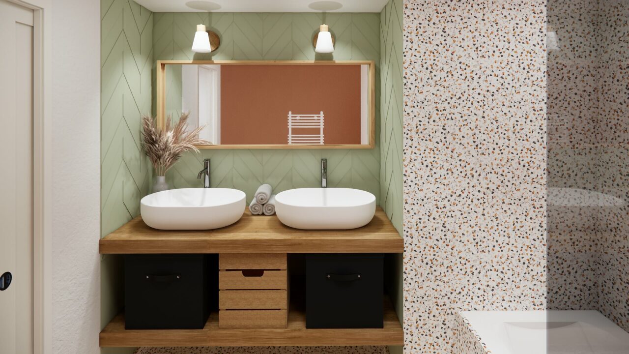 Meuble double vasque sur mesure associé à un revêtement terrazzo dans une suite parentale mezzanine Orvault