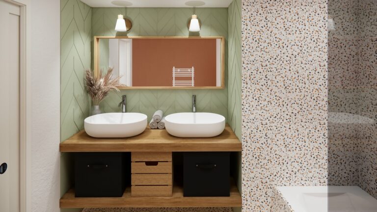 Meuble double vasque sur mesure associé à un revêtement terrazzo dans une suite parentale mezzanine Orvault