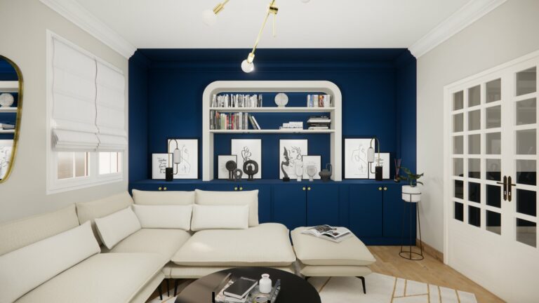 Ameublement et Décoration d'un Salon Art Déco Bleu et Blanc