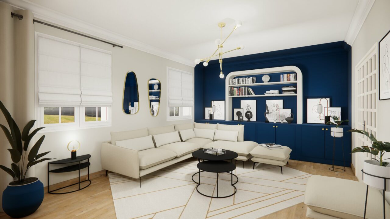 Ameublement et Décoration d'un Salon Art Déco Bleu et Blanc