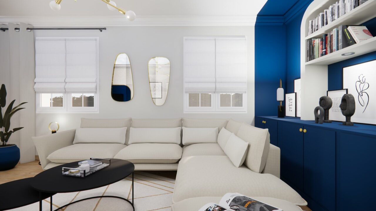Ameublement et Décoration d'un Salon Art Déco Bleu et Blanc