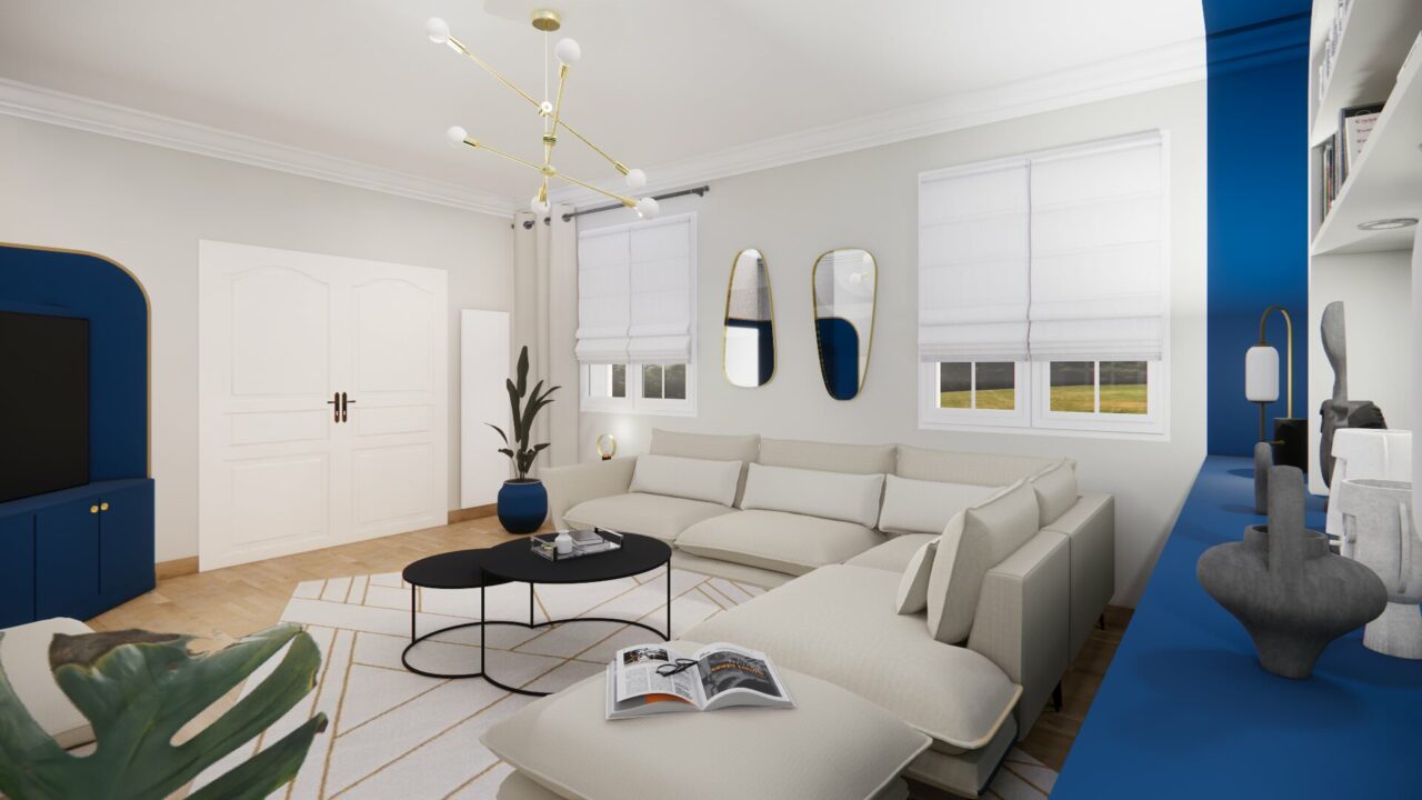 Ameublement et Décoration d'un Salon Art Déco Bleu et Blanc