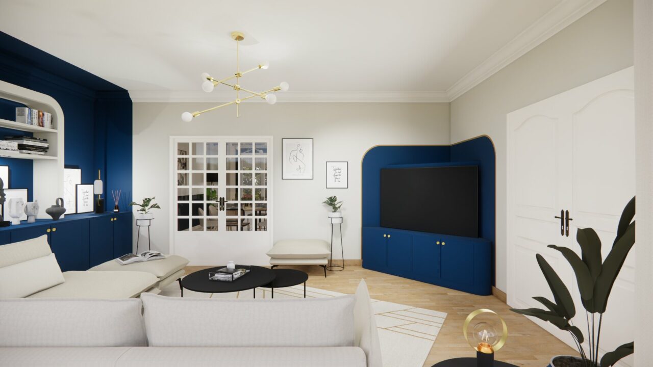 Ameublement et Décoration d'un Salon Art Déco Bleu et Blanc