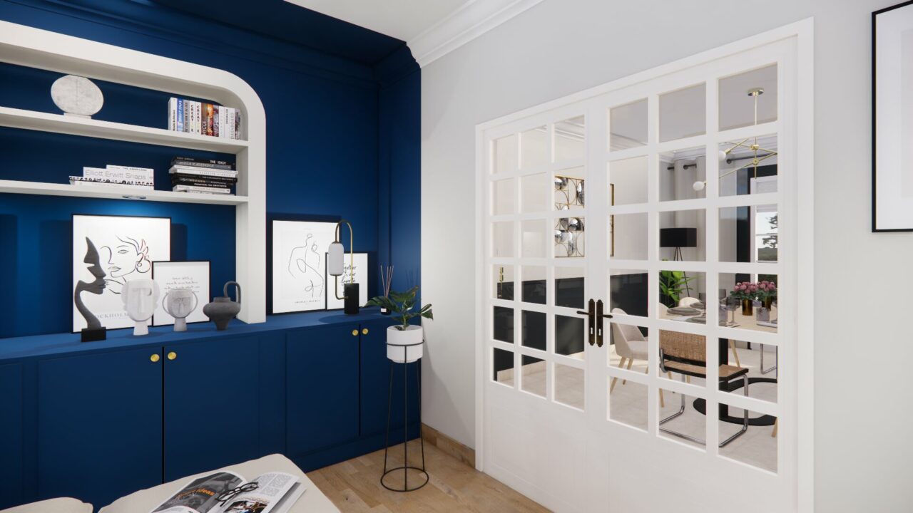 Ameublement et Décoration d'un Salon Art Déco Bleu et Blanc