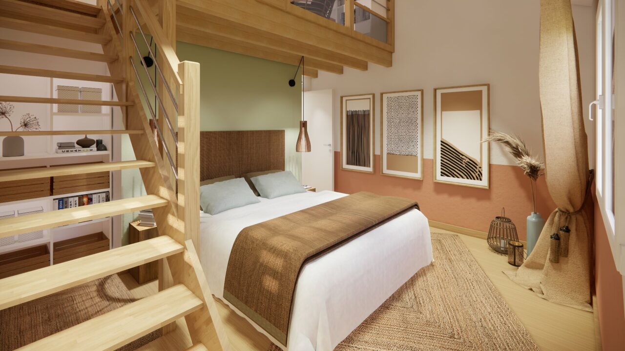 Vue de la chambre de la suite parentale mezzanine Orvault avec escalier en bois, lit central et décoration naturelle