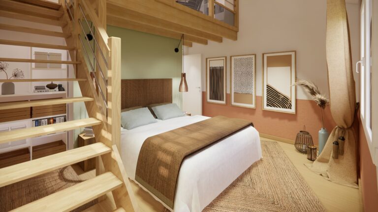 Vue de la chambre de la suite parentale mezzanine Orvault avec escalier en bois, lit central et décoration naturelle