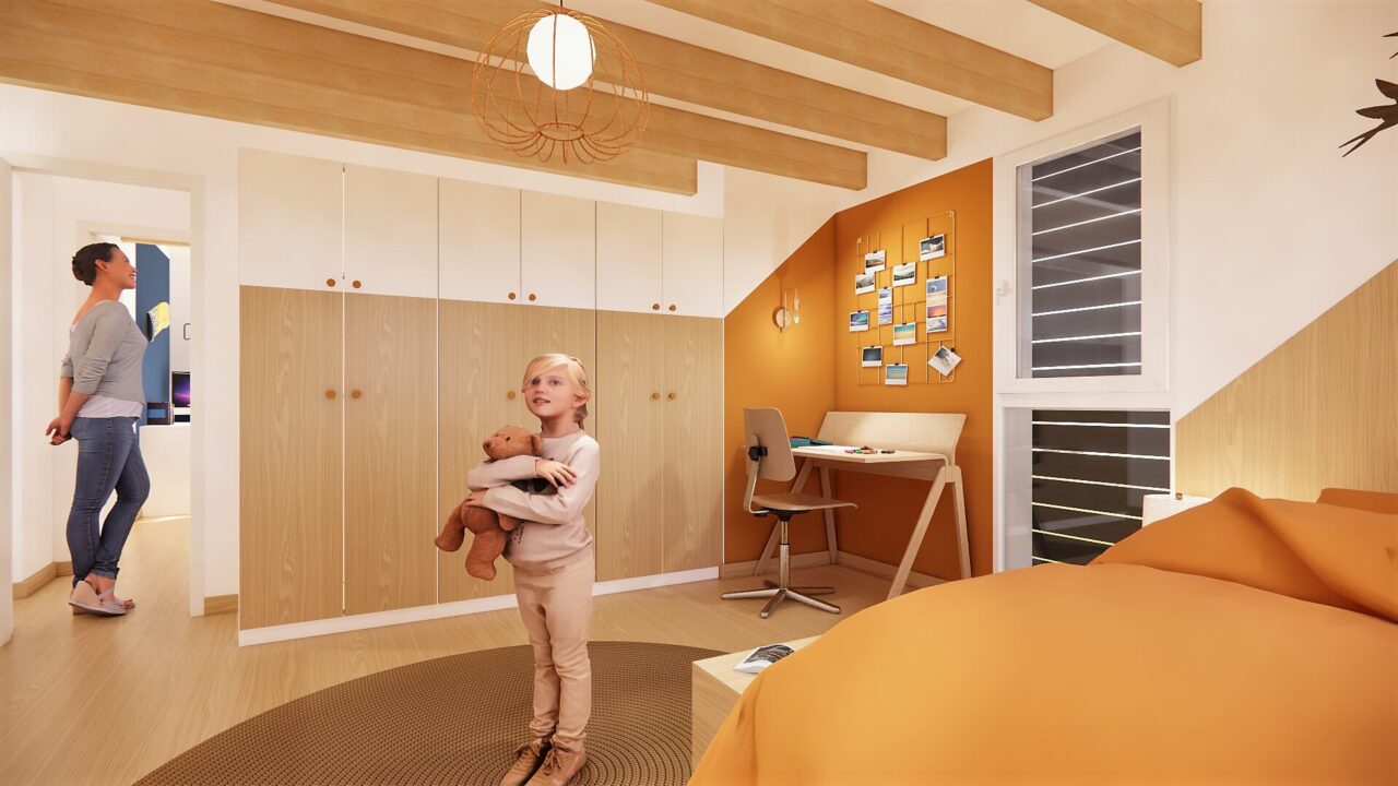 Chambre d'enfant sur mesure à Orvault avec grands placards intégrés, bureau sous pente et lit personnalisé dans une extension de maison