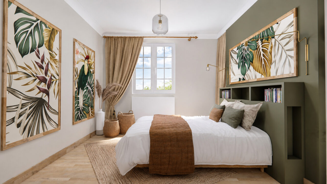 Chambre parentale baignée de lumière naturelle avec dressing traversant, tête de lit sur mesure et décoration exotique à Saint-Sébastien-sur-Loire.