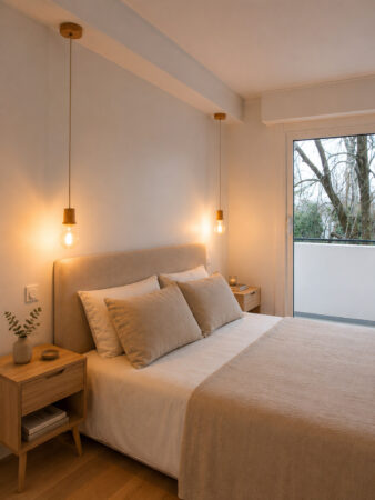 Chambre lumineuse entièrement rénovée après sinistre avec tête de lit, suspensions et mobilier en bois dans un appartement à Nantes.