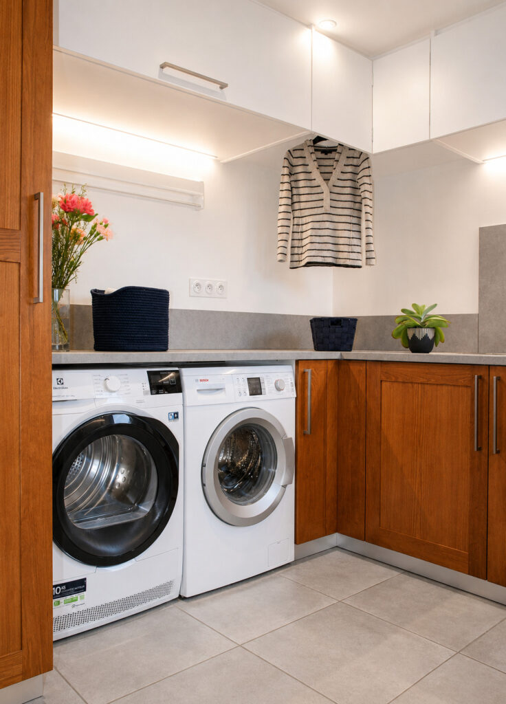 Coin buanderie avec lave-linge, sèche-linge et nombreux rangements dans une arrière-cuisine multifonction à Damgan.