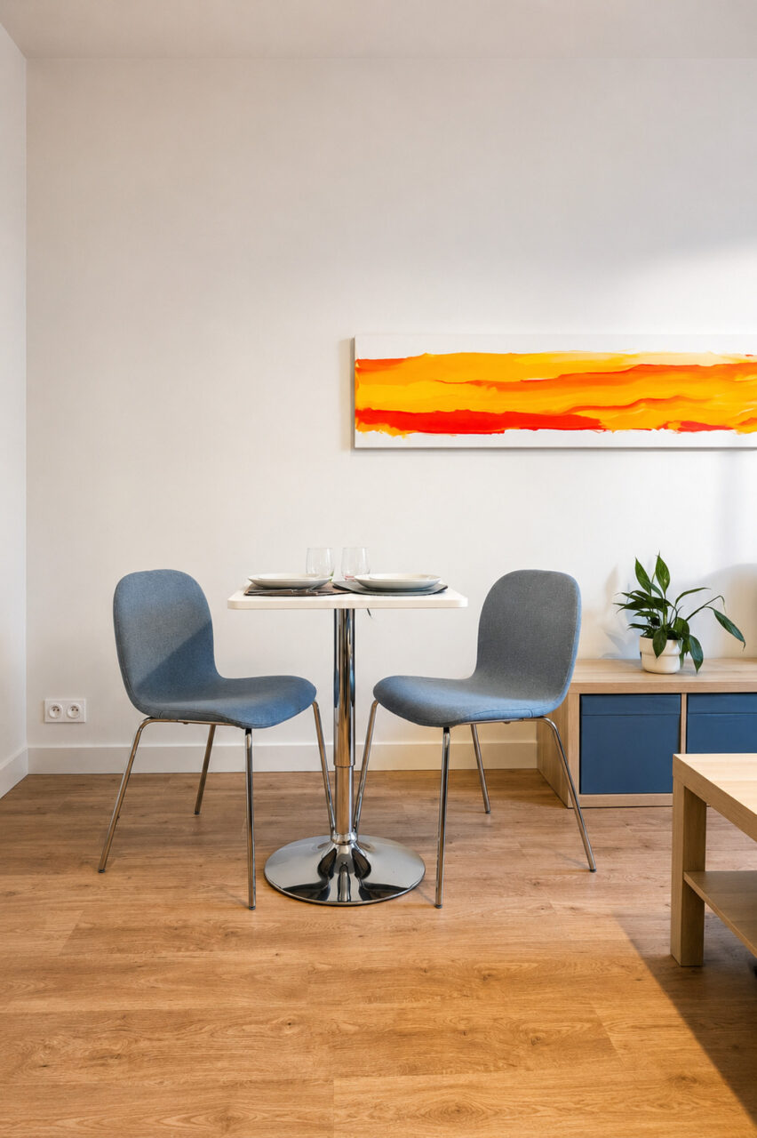 Table repas deux personnes intégrée dans le studio locatif rénové du quartier Graslin à Nantes.