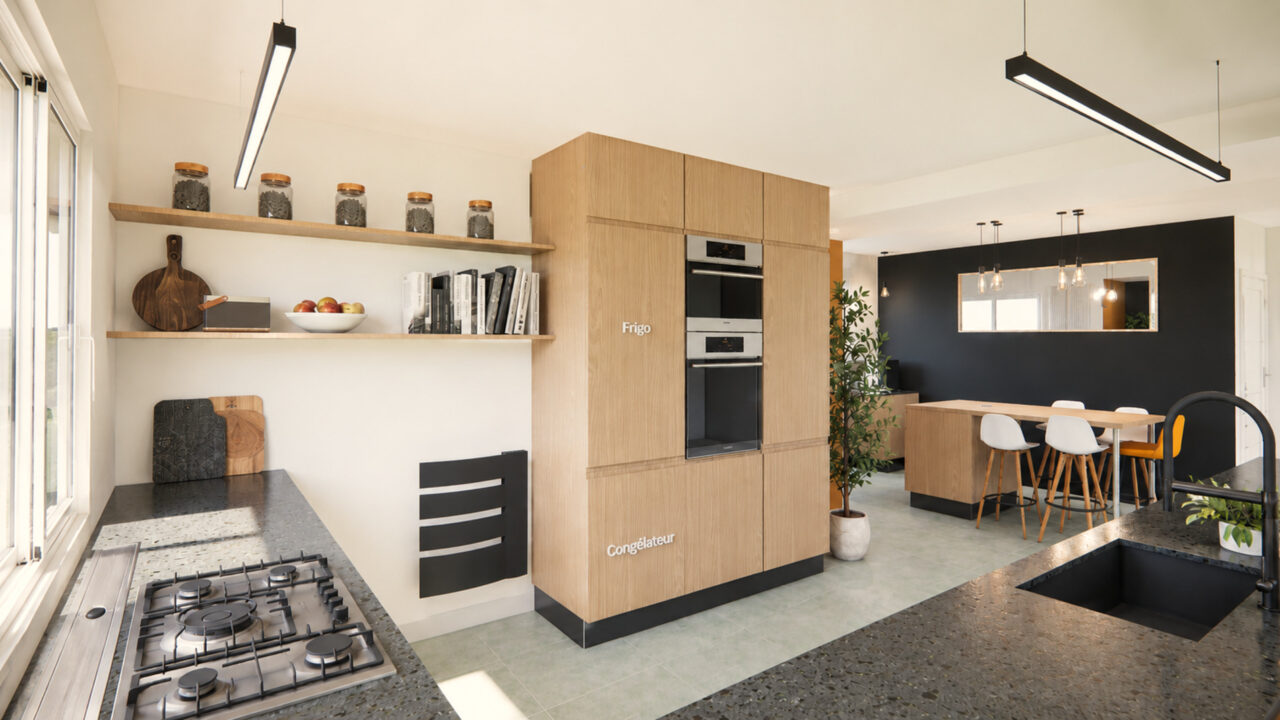 Cuisine en L rénovée à Sautron avec colonnes techniques, fours intégrés et plan de travail effet pierre