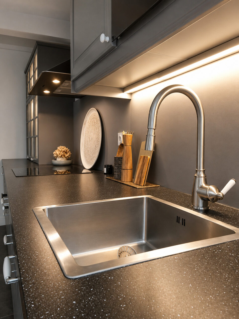 Évier inox, plan de travail sombre et crédence dans la cuisine d'un appartement rénové après sinistre à Nantes.