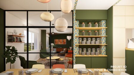 Salle à manger conviviale créée lors de l'agrandissement d'une cuisine dînatoire à Nantes avec mobilier coloré et lumière naturelle.