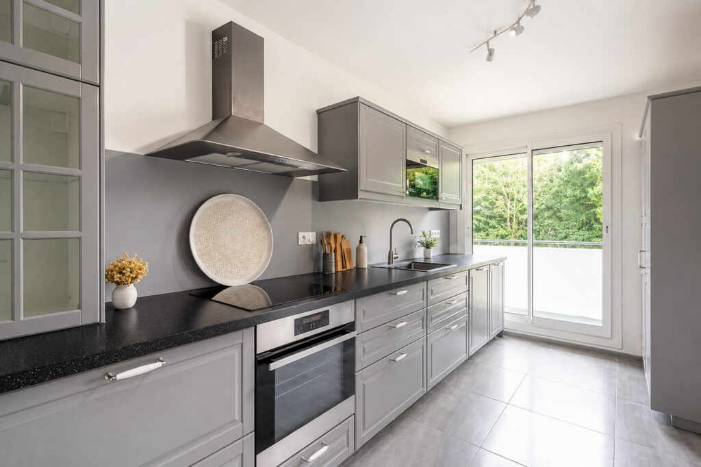 Cuisine contemporaine rénovée avec meubles gris, plan de travail noir et accès au balcon après une rénovation d'appartement après sinistre à Nantes.