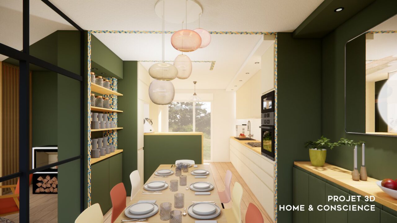 Cuisine ouverte agrandie à Nantes avec façades crème, plan de travail en bois et îlot fonctionnel.