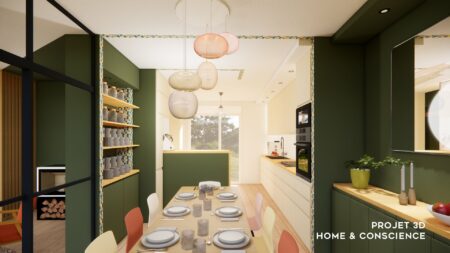 Cuisine ouverte agrandie à Nantes avec façades crème, plan de travail en bois et îlot fonctionnel.