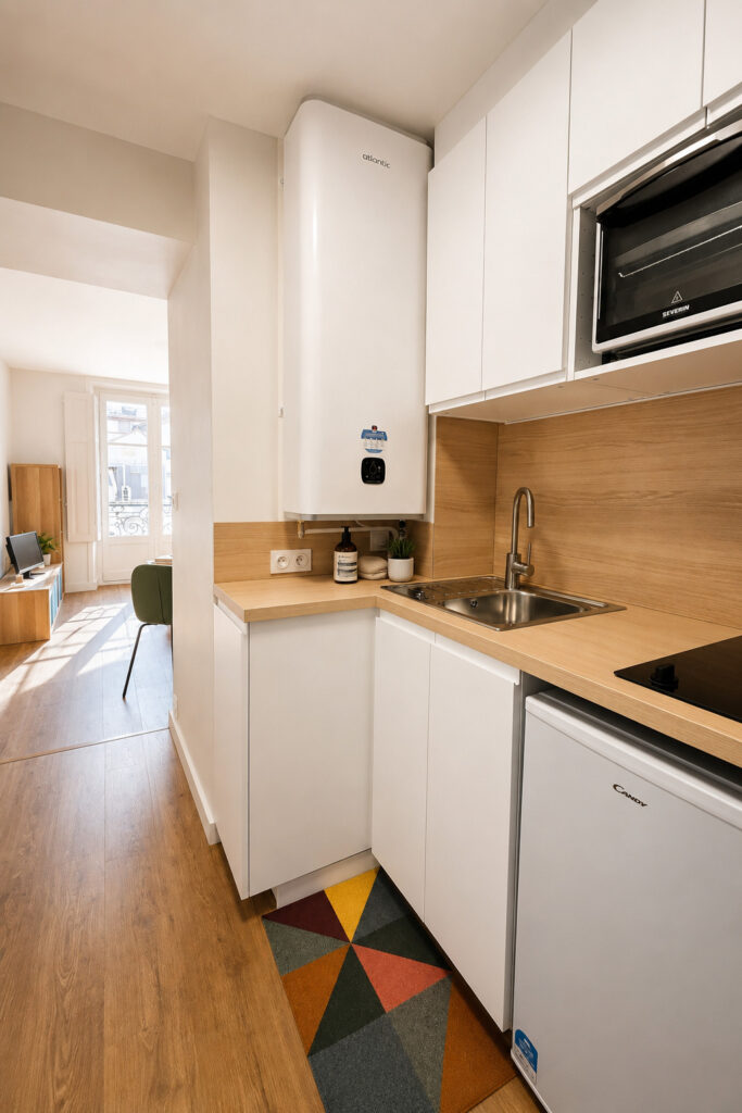 Cuisine équipée réalisée lors de la rénovation d'un studio locatif dans un immeuble classé du quartier Graslin à Nantes, ouverte sur la pièce de vie.