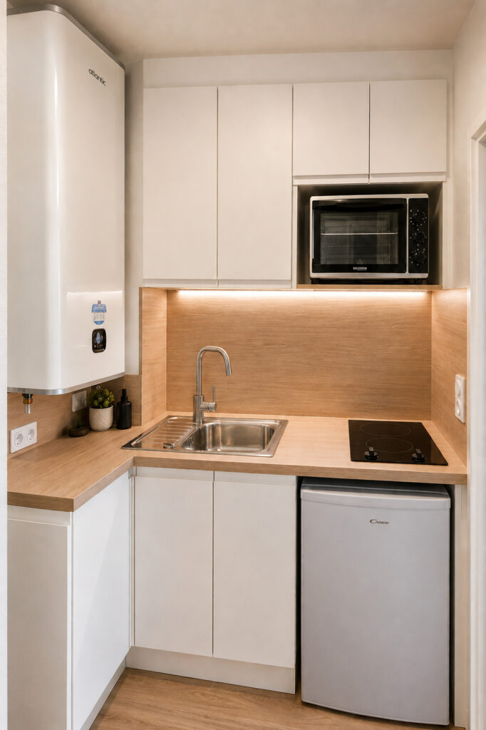 Cuisine compacte réalisée sur mesure lors de la rénovation du studio locatif situé dans un immeuble classé du quartier Graslin à Nantes.