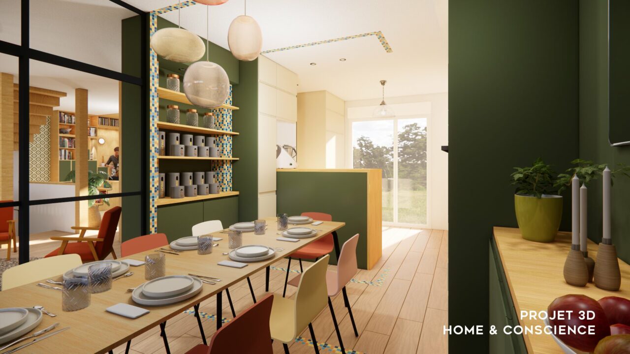 Agrandissement d'une cuisine dînatoire à Nantes avec enfilade verte sur mesure, grande table et cuisine ouverte lumineuse.