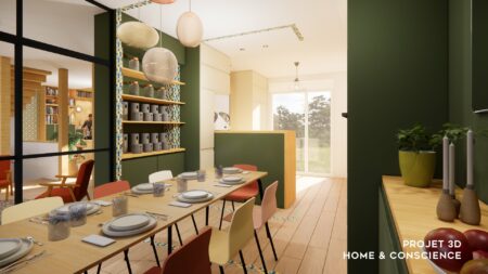 Agrandissement d'une cuisine dînatoire à Nantes avec enfilade verte sur mesure, grande table et cuisine ouverte lumineuse.