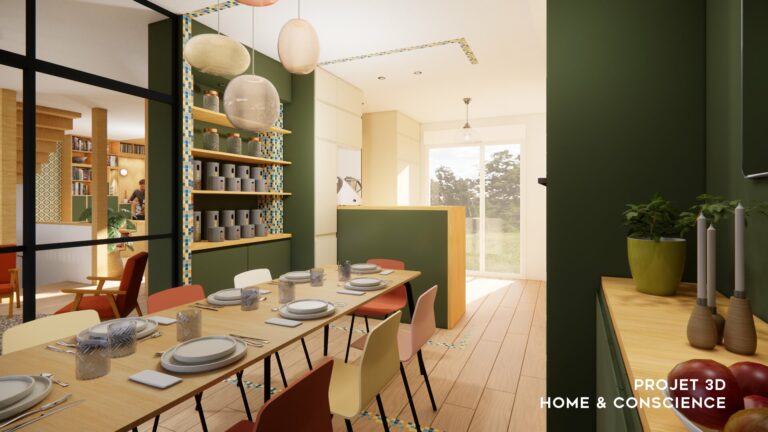 Agrandissement d'une cuisine dînatoire à Nantes avec enfilade verte sur mesure, grande table et cuisine ouverte lumineuse.