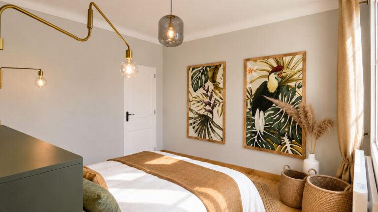 Décoration murale tropicale, éclairages en laiton et ambiance chaleureuse dans une suite parentale avec dressing à Saint-Sébastien-sur-Loire.