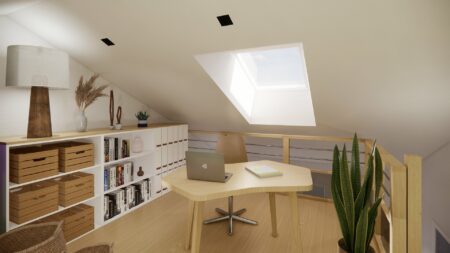 Déail du bureau sur mesure sous rampant dans une suite parentale mezzanine Orvault