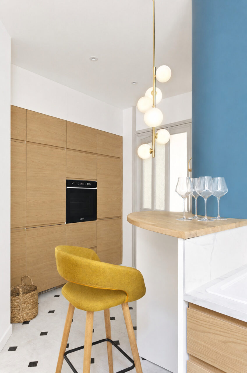 Bar en bois massif, mobilier sur mesure et suspension design dans une rénovation d'appartement ancien à Nantes.
