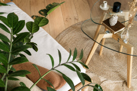 Détail du salon rénové après sinistre à Nantes avec table basse en verre, tapis en fibres naturelles, canapé et décoration chaleureuse.