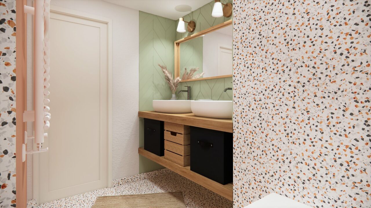 Meuble double vasque en bois sur mesure dans la salle de bain d'une suite parentale mezzanine à Orvault