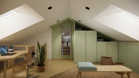 Dressing intégré sous pente avec miroir pleine hauteur dans une suite parentale mezzanine Orvault