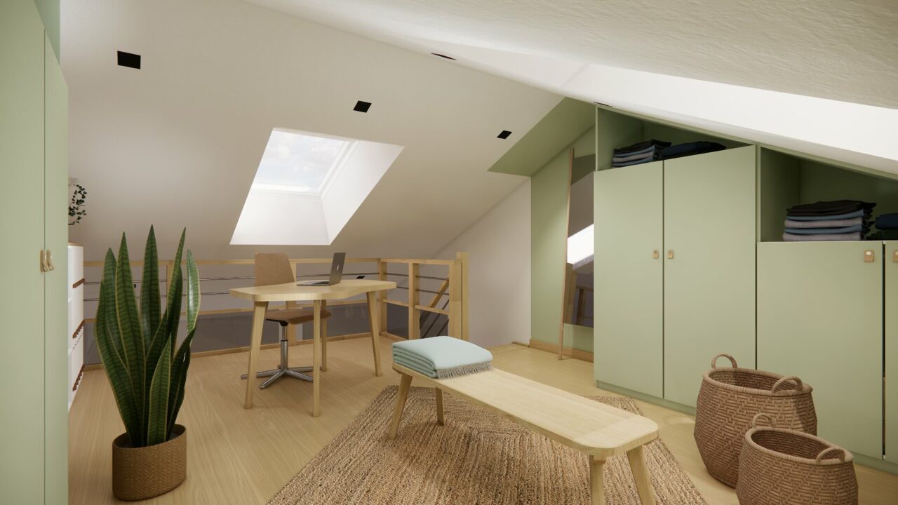 Bureau installé sur la mezzanine d'une suite parentale à Orvault avec rangements et lumière naturelle