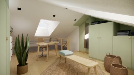 Bureau installé sur la mezzanine d'une suite parentale à Orvault avec rangements et lumière naturelle