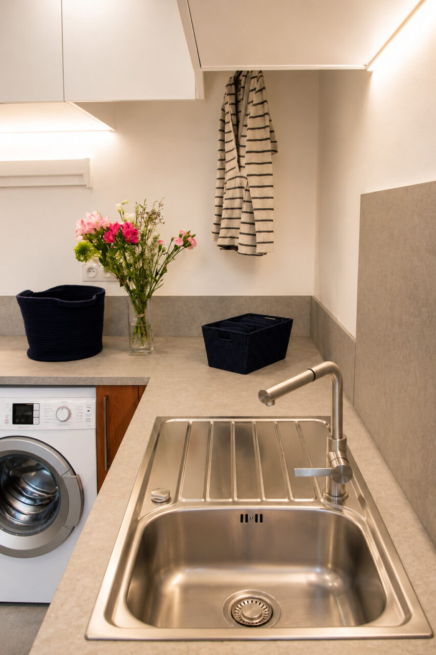 Plan de travail avec évier inox, rangement et accessoires dans une arrière-cuisine buanderie multifonction à Damgan.