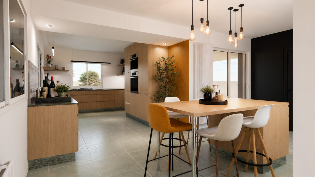 Espace repas convivial aménagé dans une rénovation de cuisine à Sautron avec organisation en L