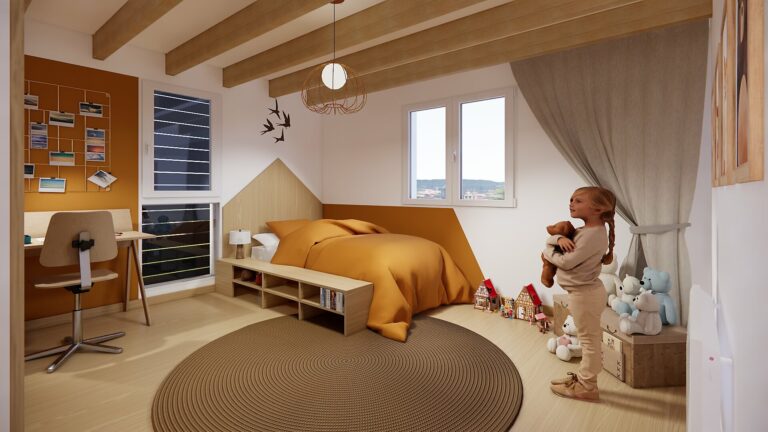Chambre d'enfant sur mesure aménagée dans une extension de maison à Orvault avec espace nuit, bureau et coin jeux