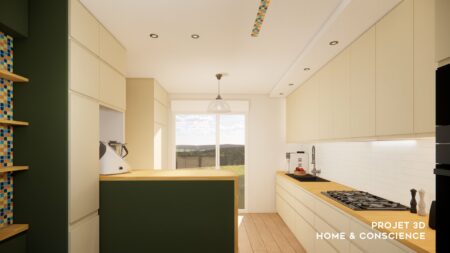 Îlot central en bois et nombreux rangements sur mesure dans une cuisine dînatoire agrandie à Nantes.