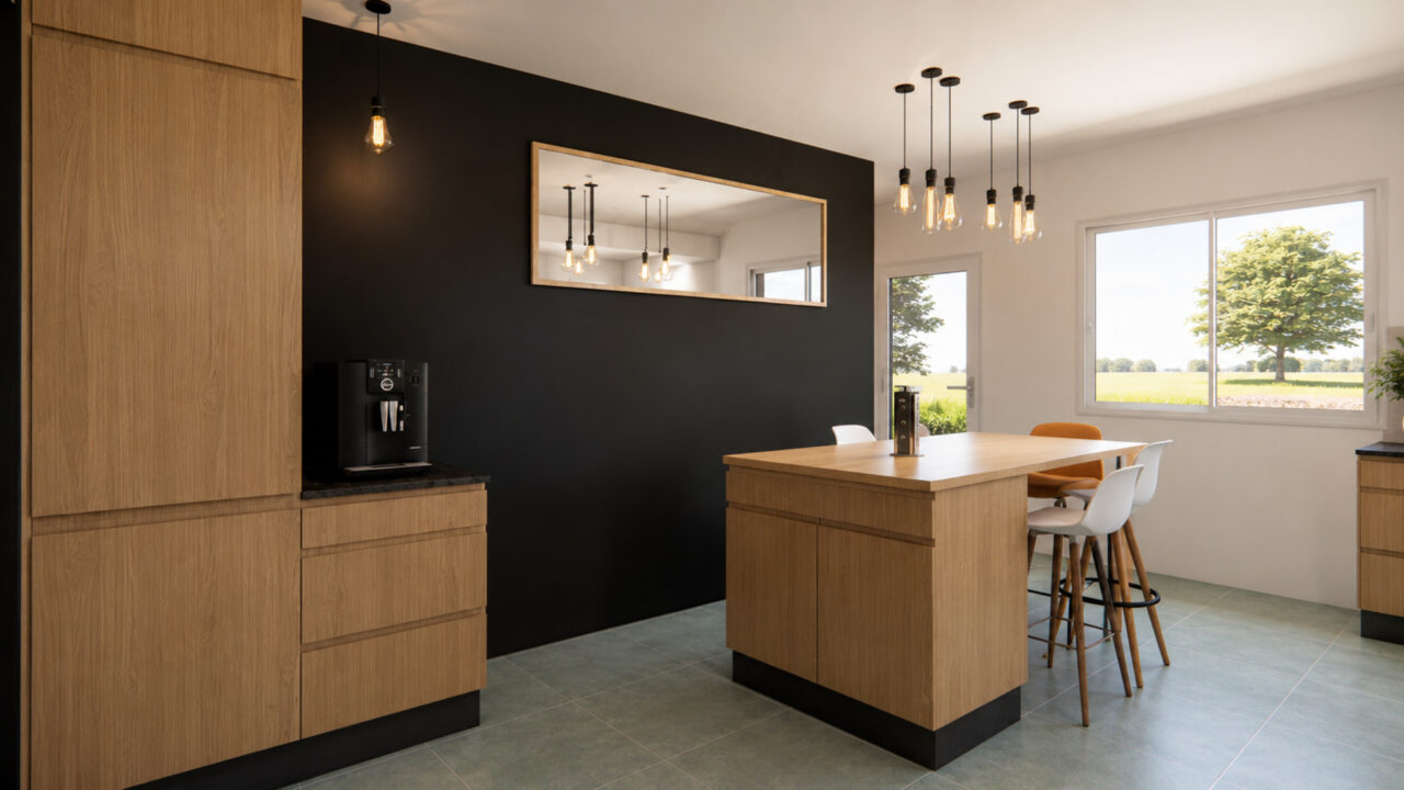Îlot central avec espace repas créé lors de la rénovation d'une cuisine à Sautron après fusion de deux pièces
