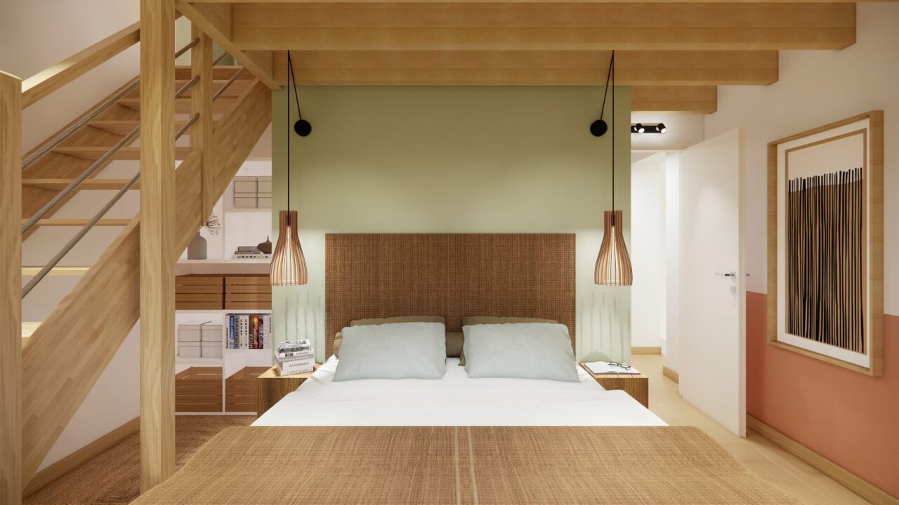 Lit double placé sous une mezzanine en bois avec tête de lit sur mesure dans une suite parentale mezzanine Orvault
