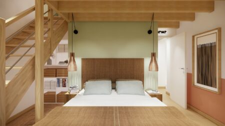 Lit double placé sous une mezzanine en bois avec tête de lit sur mesure dans une suite parentale mezzanine Orvault