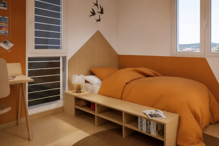 Lit enfant sur mesure avec tête de lit graphique et banc de rangement intégré dans une chambre créée à Orvault