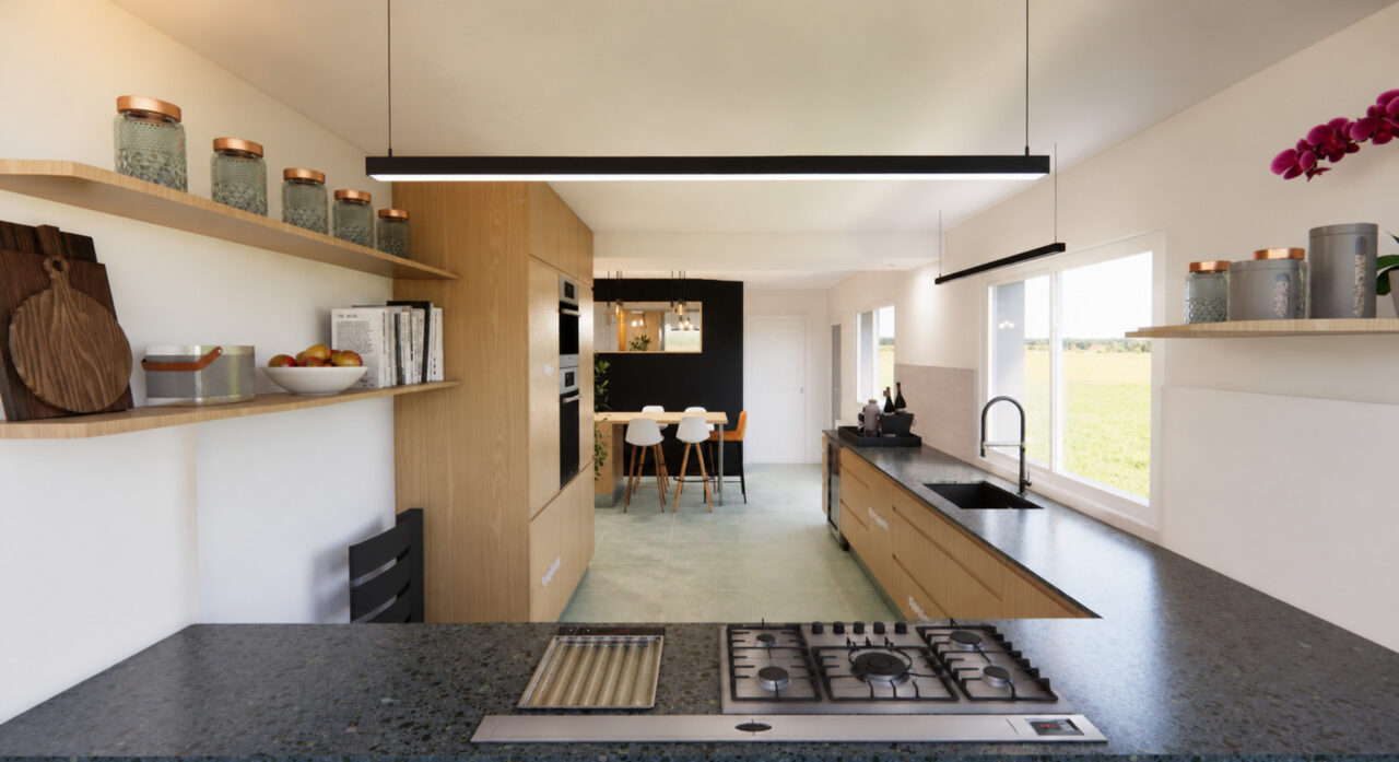 Rénovation cuisine Sautron réunion deux pièces avec vue traversante entre cuisine et espace repas
